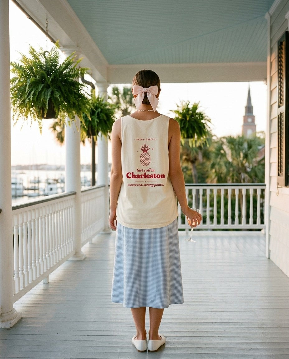 Charleston Bachelorette Tank Top in Ivory with a gingham skirt on a Southern porch