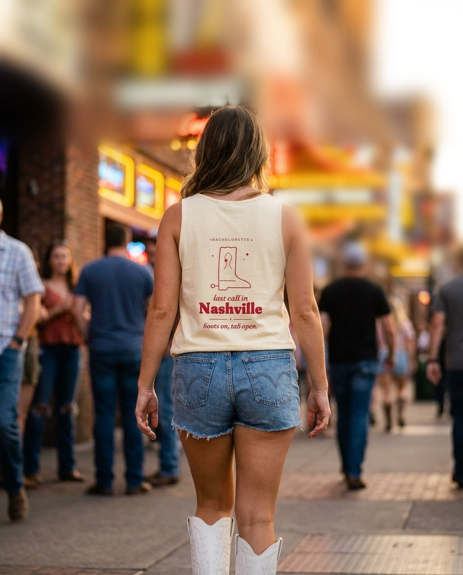 Nashville Bachelorette Tank Top in Ivory with denim cutoffs and white cowboy boots