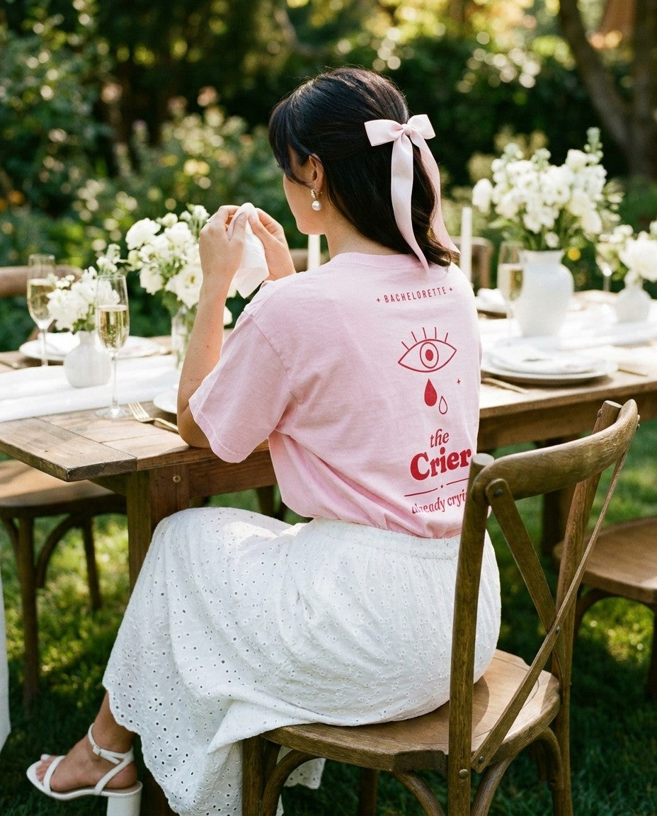 The Crier Oversized Tee in Blossom with a white eyelet skirt at a garden brunch