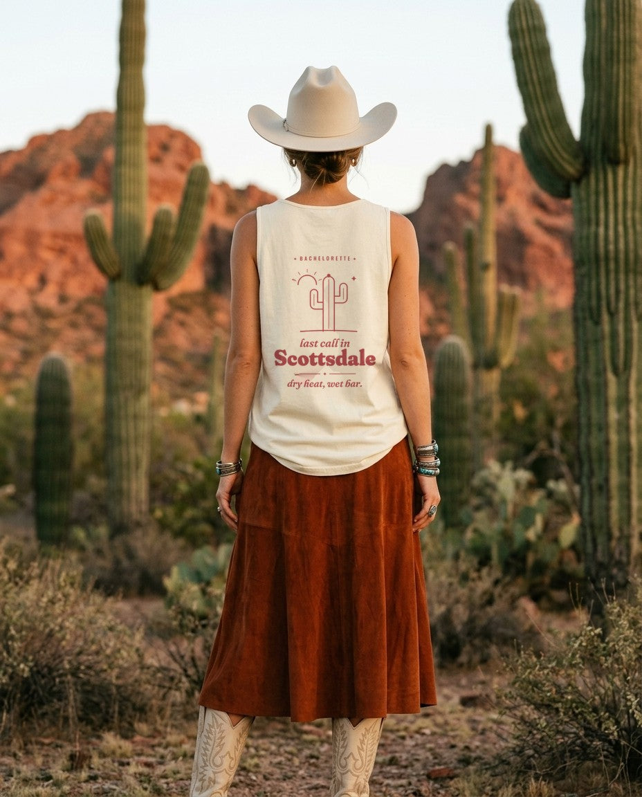 Scottsdale Bachelorette Tank Top in Ivory with a suede skirt and cowboy hat in the desert