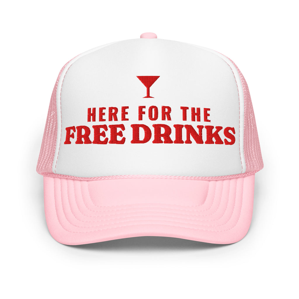 Here for the Free Drinks Foam Trucker Hat in Light Pink