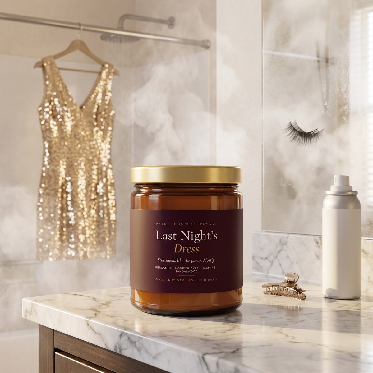 Last Night’s Dress Candle styled in a lifestyle scene, After Dark Supply Co.