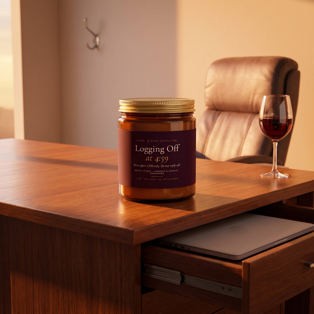 Logging Off at 4:59 Candle styled in a lifestyle scene, After Dark Supply Co.