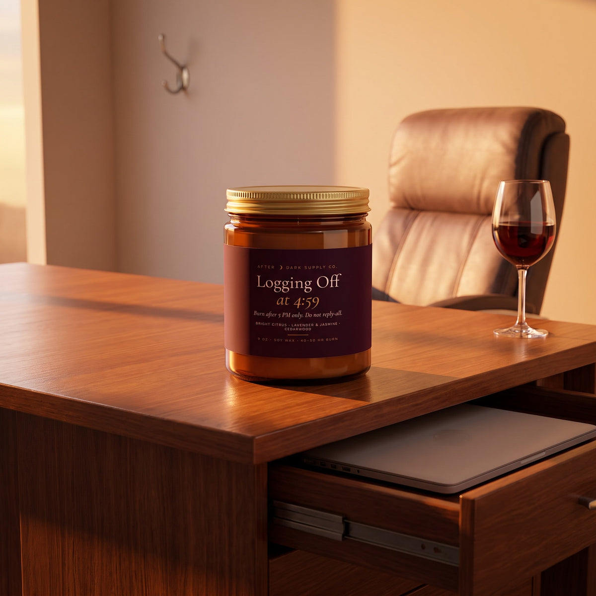 Logging Off at 4:59 Candle styled in a lifestyle scene, After Dark Supply Co.