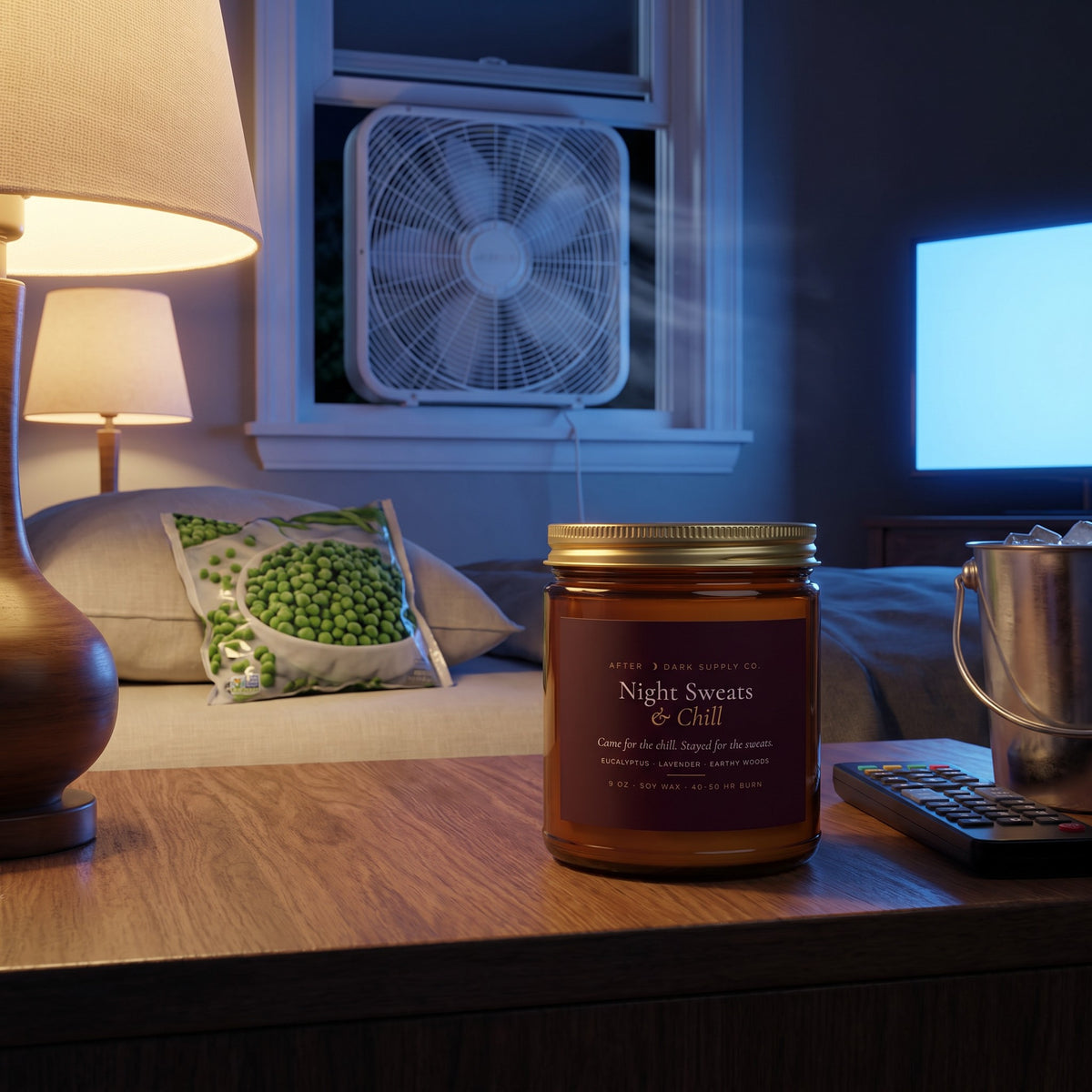 Night Sweats & Chill Candle styled in a lifestyle scene, After Dark Supply Co.