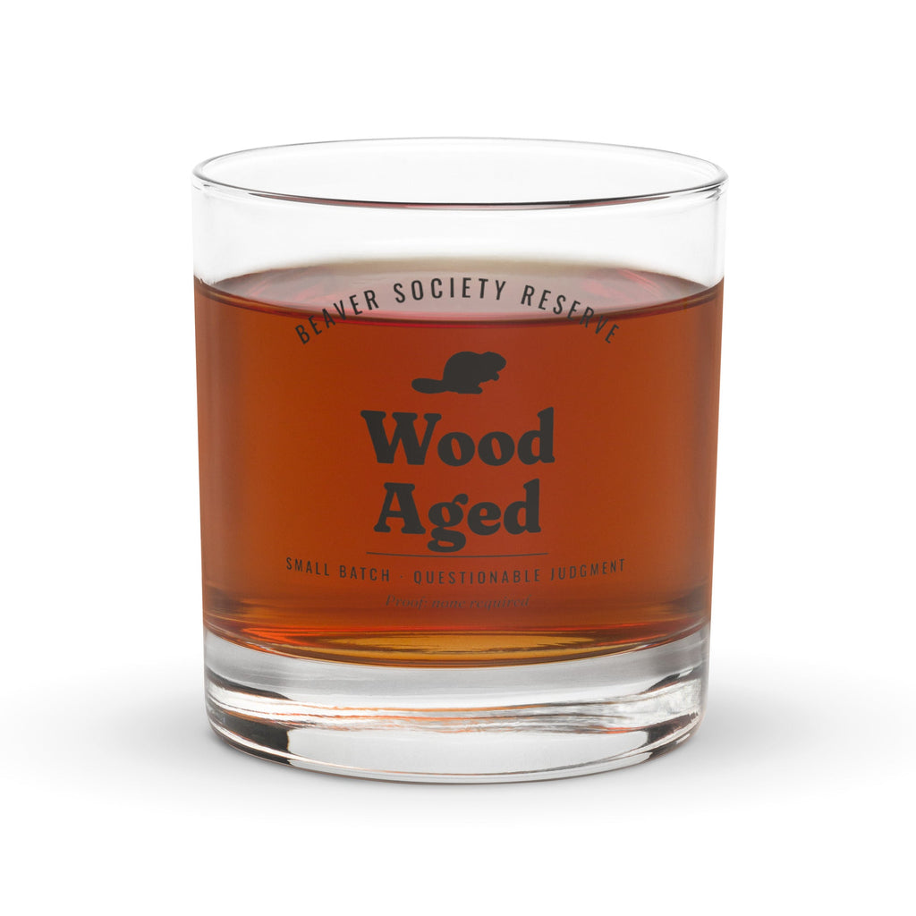 Wood Aged rocks glass with whiskey