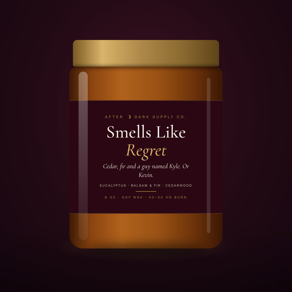 Smells Like Regret Candle by After Dark Supply Co., 9 oz amber jar with gold lid