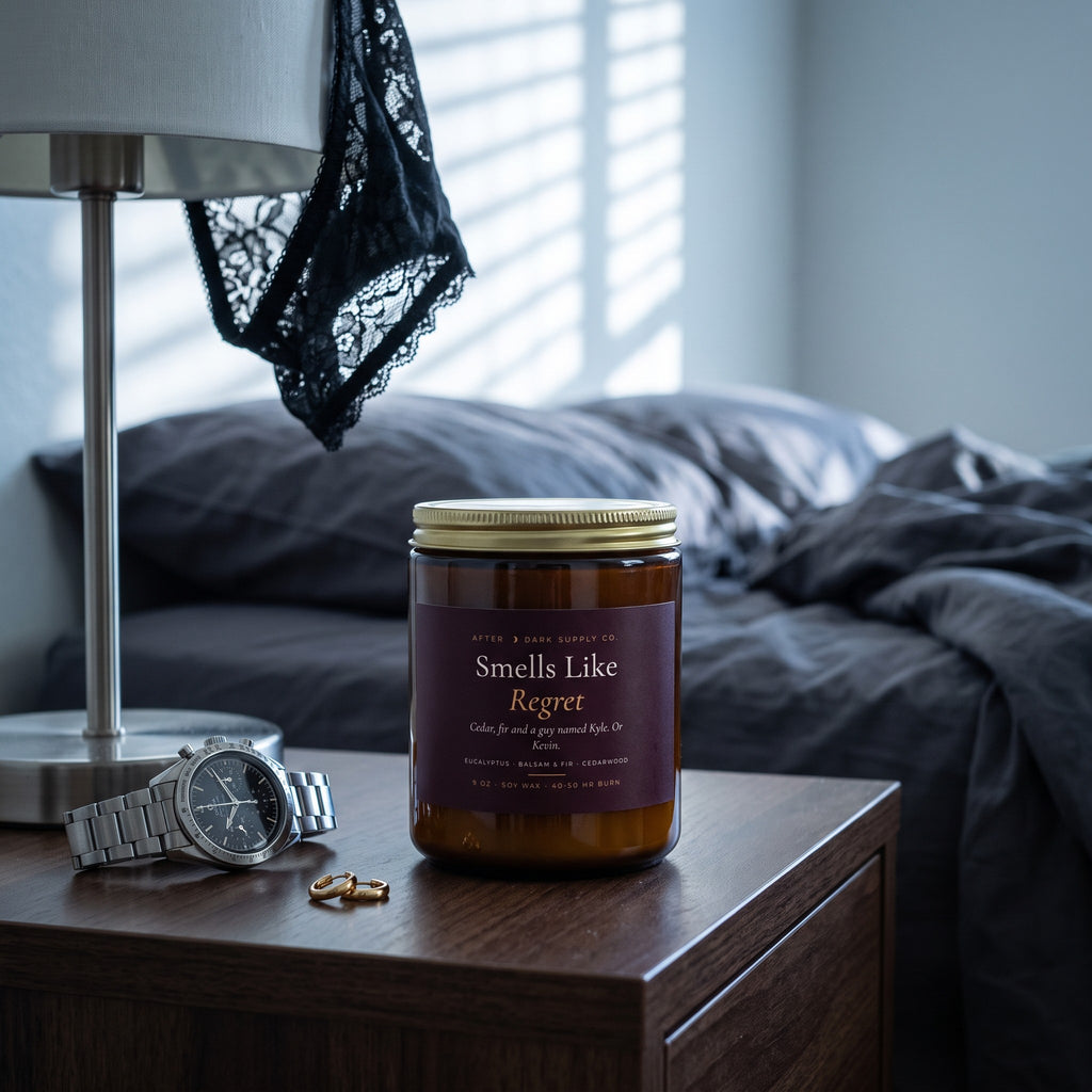 Smells Like Regret Candle styled in a lifestyle scene, After Dark Supply Co.