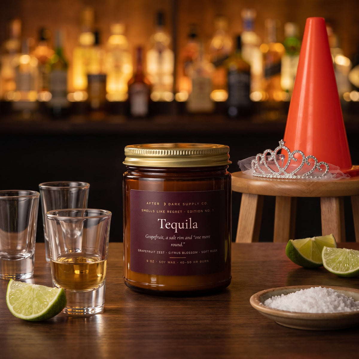 Smells Like Regret No. 1: Tequila Candle styled in a lifestyle scene, After Dark Supply Co.