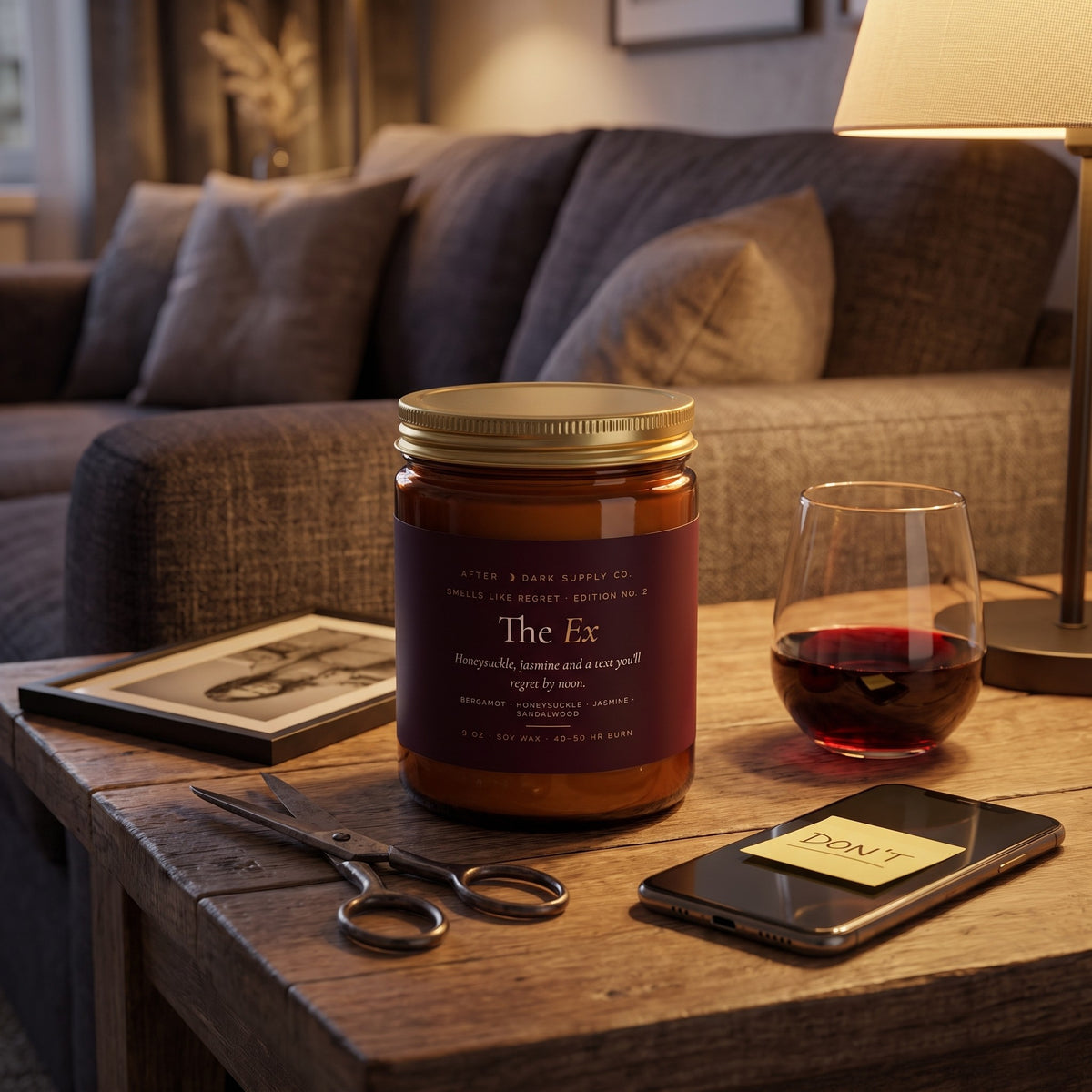 Smells Like Regret No. 2: The Ex Candle styled in a lifestyle scene, After Dark Supply Co.