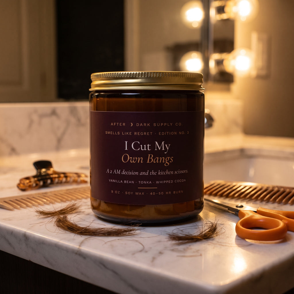 Smells Like Regret No. 3: I Cut My Own Bangs Candle styled in a lifestyle scene, After Dark Supply Co.
