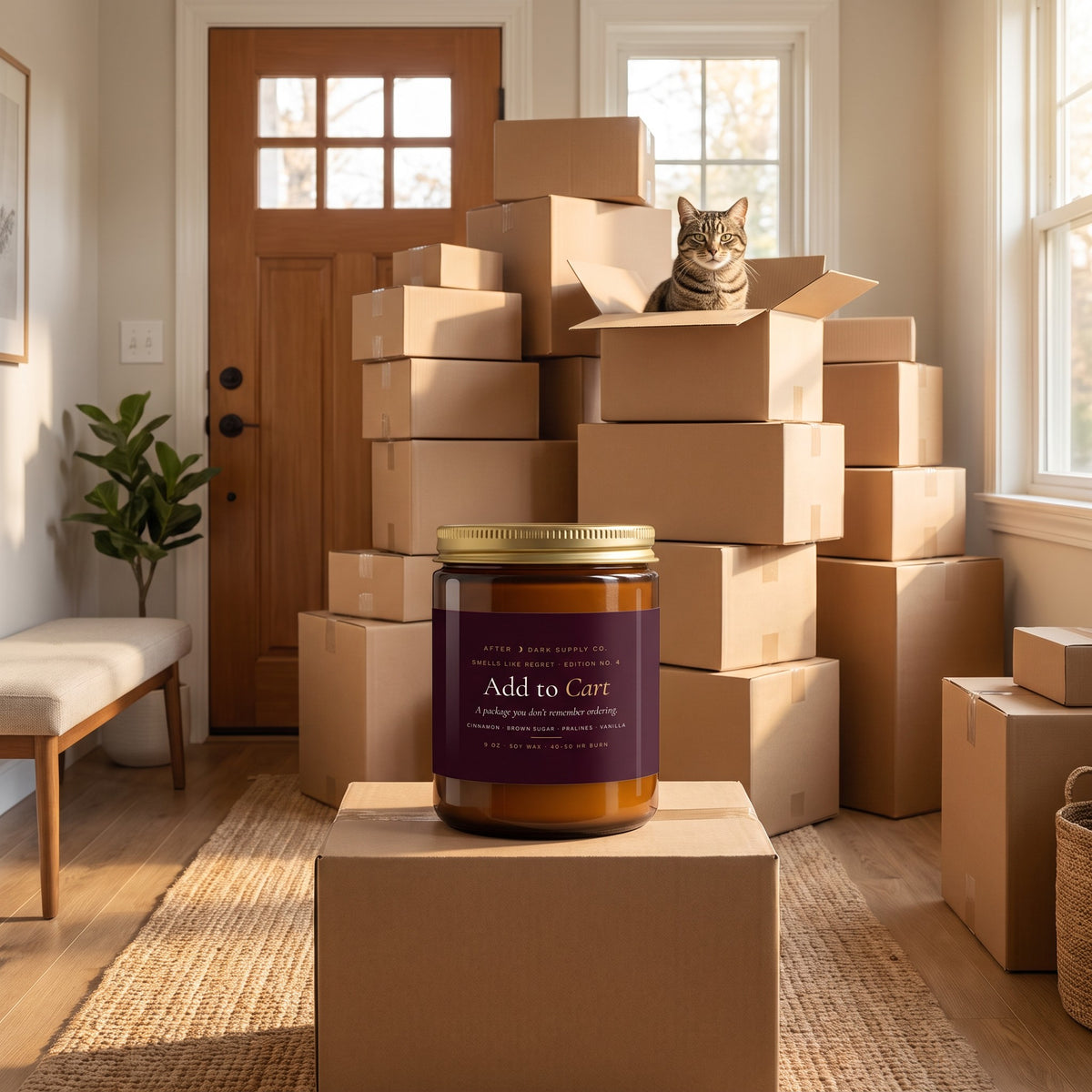 Smells Like Regret No. 4: Add to Cart Candle styled in a lifestyle scene, After Dark Supply Co.