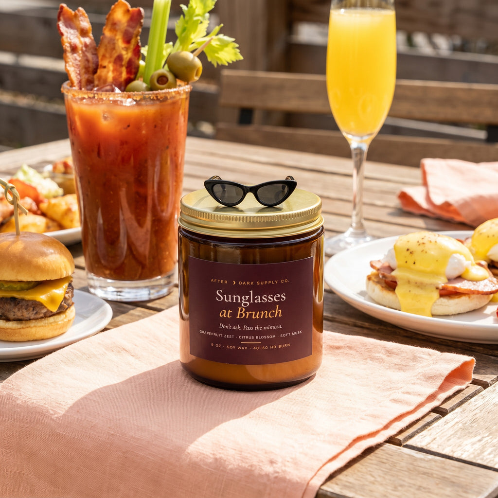 Sunglasses at Brunch Candle styled in a lifestyle scene, After Dark Supply Co.