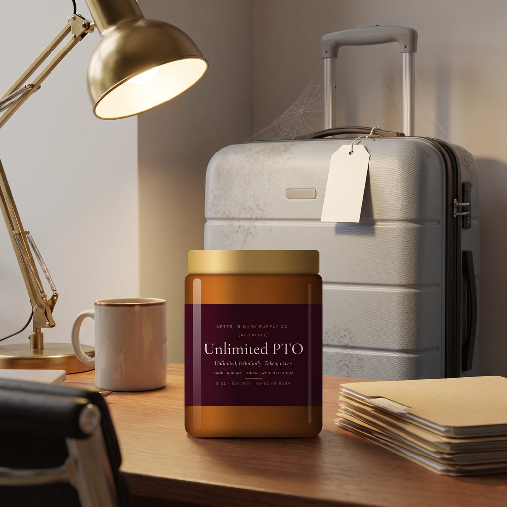 Unlimited PTO (Allegedly) Candle styled in a lifestyle scene, After Dark Supply Co.